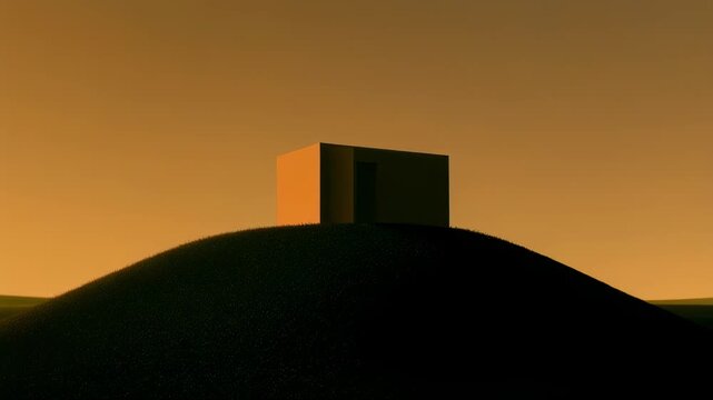 Minimalist White Cube Structure Rests Atop Green Grassy Hill Under Hazy Sky