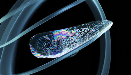 Close-up of a holographic microchip with swirling blue lines on a black background.