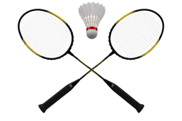 Two badminton rackets and shuttlecock isolated on transparent background