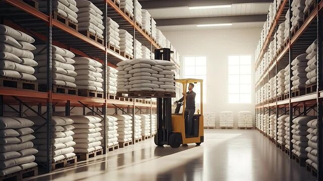 Forklift Operator Moving Goods in Warehouse.