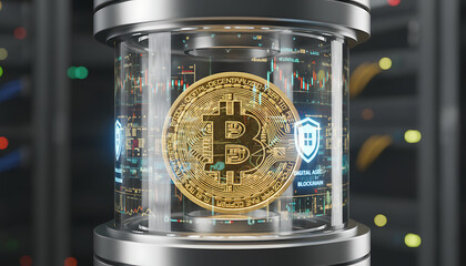 A golden Bitcoin cryptocurrency coin is encased in a futuristic transparent cylinder, surrounded by glowing digital interfaces and server racks, symbolizing ...
