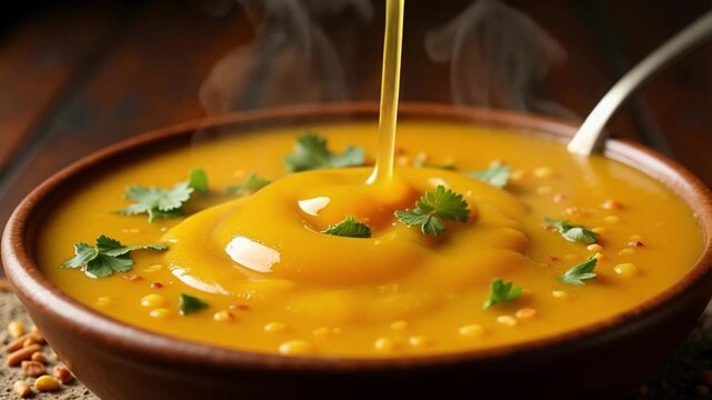Rich golden ghee gracefully cascades into a steaming bowl of aromatic Dal, creating a comforting culinary masterpiece perfect for food content.