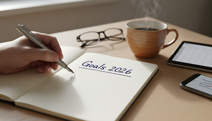A person's hand writing "Goals 2026" in a notebook, with a steaming cup of coffee, glasses, and digital devices nearby, suggesting planning and future aspirations.