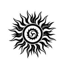 A bold, black-and-white tribal sun design radiates with pointed, flame-like rays surrounding a central, blade-edged triskelion spiral