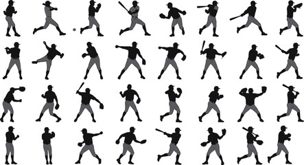 Baseball player silhouette, sports action pose, vector athlete icon, pitching, batting, catching, throwing, dynamic motion, black graphic, minimal style