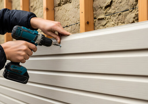 A skilled handyman expertly installs white vinyl siding on a home, utilizing a power drill to ensure a secure and weatherresistant finish, enhancing the propertys curb appeal