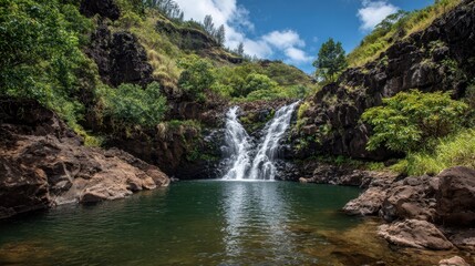 Obraz premium Waimea Falls: A Pristine Tropical Paradise in Oahu, Hawaii for an Unforgettable Vacation Experience