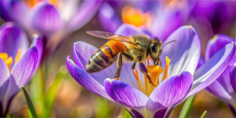 In a colorful garden, a bee visits blooming crocus flowers under bright sunshine. The scene captures the bee as it collects pollen, showcasing the beauty of springtime