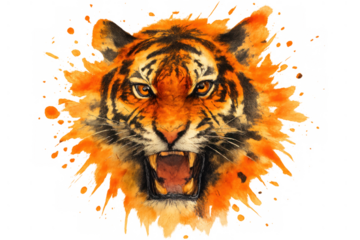 Tiger head watercolor illustration roaring fiercely with orange paint splashes, depicting strength, power, and wild savanna aggression