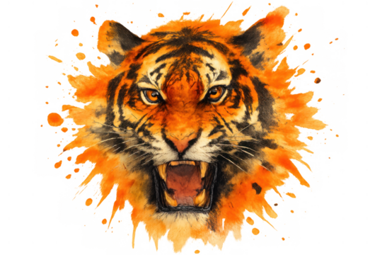 Tiger head watercolor illustration roaring fiercely with orange paint splashes, depicting strength, power, and wild savanna aggression