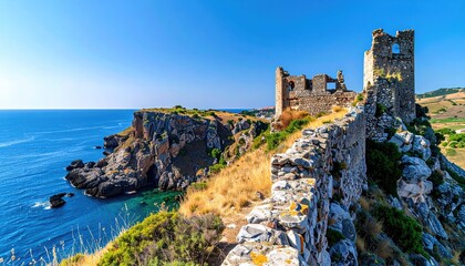 Ancient stone ruins of a coastal castle on a rocky cliff overlooking the blue sea under a clear sky