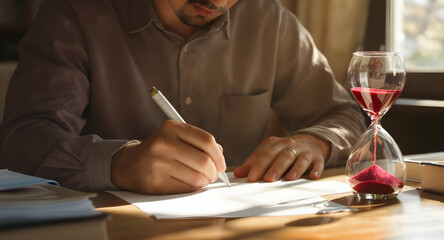 Man Writing at Desk with Hourglass and Sunlight