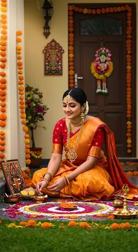 Indian woman performing traditional puja ritual with colorful rangoli and marigold decoration for Diwali festival.