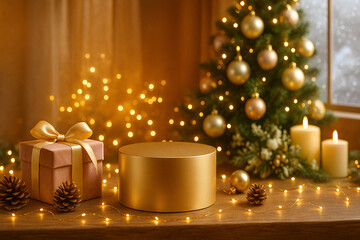 Golden Christmas Scene with Luxury Podium, Gift Boxes and Decorations.