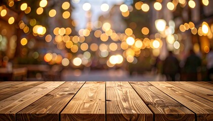 Wooden surface against a blurry background of warm evening lights and out-of-focus people
