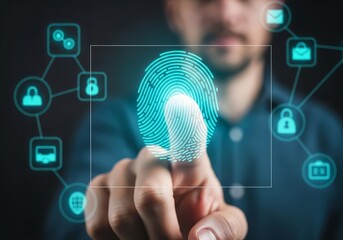 Man accessing data with fingerprint scan and security icons on a digital interface display screen