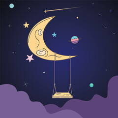 vector illustration of a swing hanging on the moon with a space background