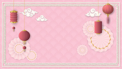Rectangle frame with abstract clouds, bows and paper lanterns Chinese style on pink background.