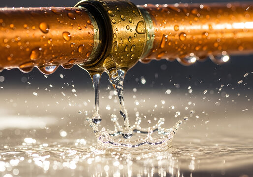 Closeup of a leaking copper pipe joint with water droplets forming a splash, indicating a plumbing issue that requires immediate attention and repair to prevent damage