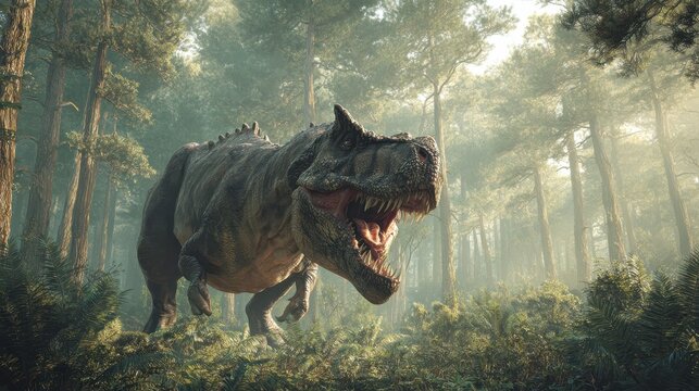 Dynamic Carnotaurus in Action: A 3D Illustration of a Feral Predator from the Cretaceous Era Amidst a Lush Forest