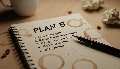 A notebook titled "PLAN B" with a handwritten list of five steps for contingency planning, surrounded by coffee stains and crumpled paper.
