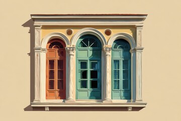 A Colorful Collage of Vintage Palladian Windows: Vibrant Compositions of Classic Architecture with Minimalist Outside Views