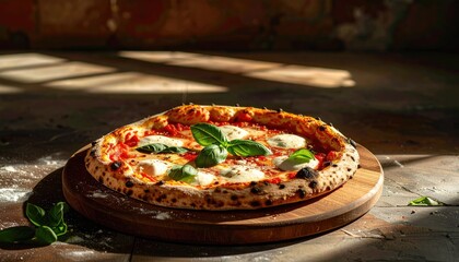 Authentic Neapolitan Pizza With Fresh Mozzarella Tomato Sauce and Basil Leaves on a Wooden Board With Rustic Brick Wall Background and Dramatic Sunlight