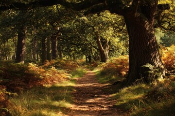 Obraz premium Enchanting Sherwood Forest Trail: A Picturesque Path Through Lush Trees in Vibrant Summer and Autumn Tones