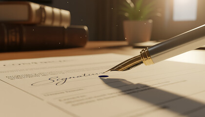 A fountain pen poised to sign a legal document on a desk, with books and a potted plant in the background, bathed in warm light.