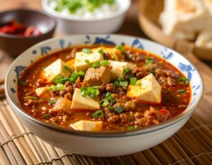 Spicy tofu and meat stew in a bowl, garnished with green onions, served with rice and bread