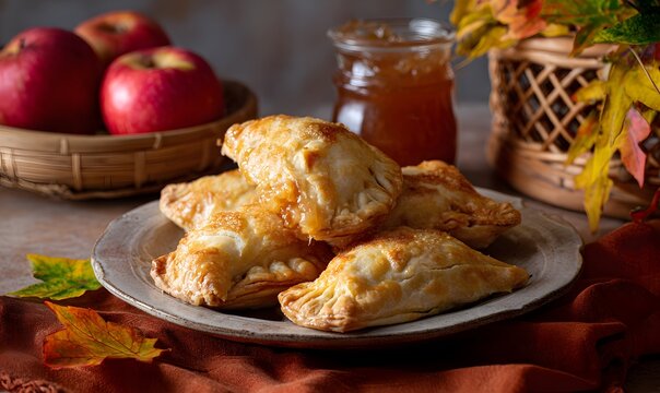 golden, flaky apple pie hand pies on a plate with a glass bottle of jam, surrounded by slice red apples and golding fall leaves