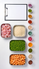 Pet Food Ingredients Flat Lay — Chicken, Vegetables, and Grains for Balanced Nutrition