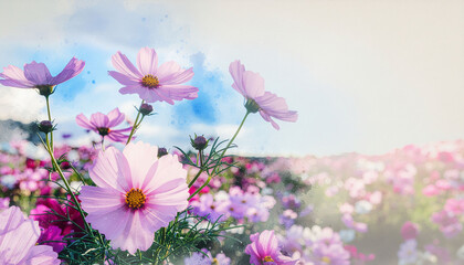 Fototapeta premium Watercolor-inspired floral blur, pastel pink and blue blend, soft and peaceful composition.