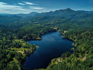 Stunning Aerial View of Tranquil Tanwax Lake in Pierce County, Eatonville: A Serene Summer Landscape with Blue Waters, Majestic Mountains, and Lush Forests