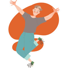 Joyful Young Man With Arms Raised High In A Gray T Shirt And Blue Jeans Celebrating A Success In A Dynamic Pose Against An Orange Blob Background