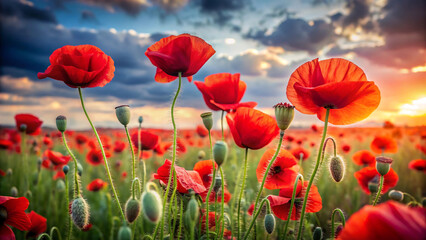 Naklejka premium Stunning poppy field at golden hour with dramatic sky and warm light