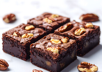 Fudgy chocolate walnut brownies on bright white surface, showcasing rich texture, artisan baking, and indulgent dessert presentation.