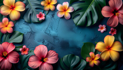 Vibrant tropical flowers and lush monstera leaves arranged artistically on a textured dark blue background, perfect for exotic designs.