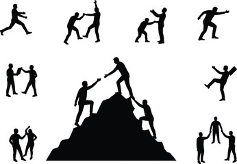 Human support silhouette, teamwork vector illustration, helping hand, cooperation, emotional connection, black graphic, minimal design, mountain climb, unity, trust