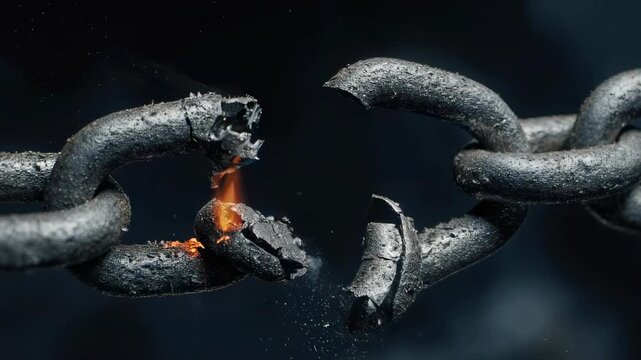 Close up of a heavy metal chain breaking apart with sparks flying against a dark moody background