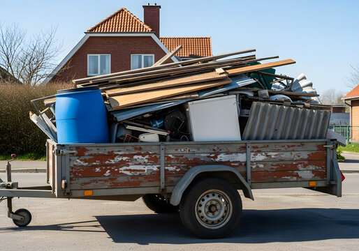 Utility trailer overloaded with renovation debris and bulky waste | Residential home cleanout trash removal and disposal services | Hauling scrap wood and metal for recycling or dumpster drop-off 