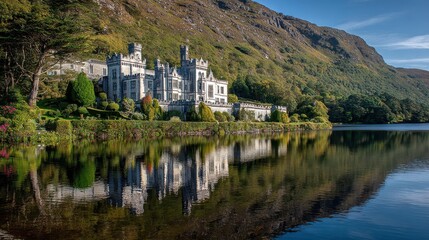 Fototapeta premium Kylemore Abbey: Serene Monastery by Lough in the Heart of Connemara National Park, Ireland