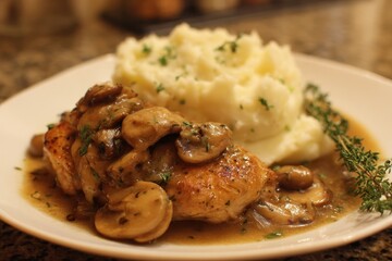 Creamy Chicken Marsala: A Delicious Dish with Tender Chicken, Rich Mushroom Sauce and Savory Mashed Potatoes