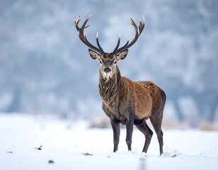 Obraz premium A majestic stag stands proudly in a snowy, serene winter landscape