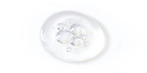 Abstract translucent oval shape with swirling light purple and white patterns and small air bubbles on a clean white background