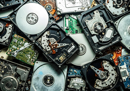 Pile of disassembled computer hard disk drives for recycling | Close-up background of old electronic waste and data storage | Obsolete HDD components showing platters and circuit boards