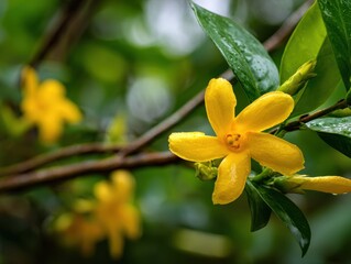 Vibrant Close-Up of Yellow Jessamine: A Beautiful Bloom Showcasing Floral Beauty Against a Belizean Background
