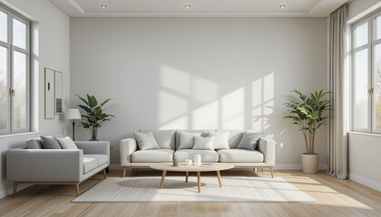 This cozy living room features a light gray sofa and armchair, a wooden coffee table, and green plants. Sunlight fills the space, creating a welcoming atmosphere