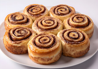 Fototapeta premium Freshly baked golden cinnamon rolls served on a clean white plate, perfect for bakery advertising, breakfast themes, and cozy dessert photography.