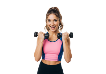 Cheerful woman holding dumbbells in workout attire during strength training session at home gym